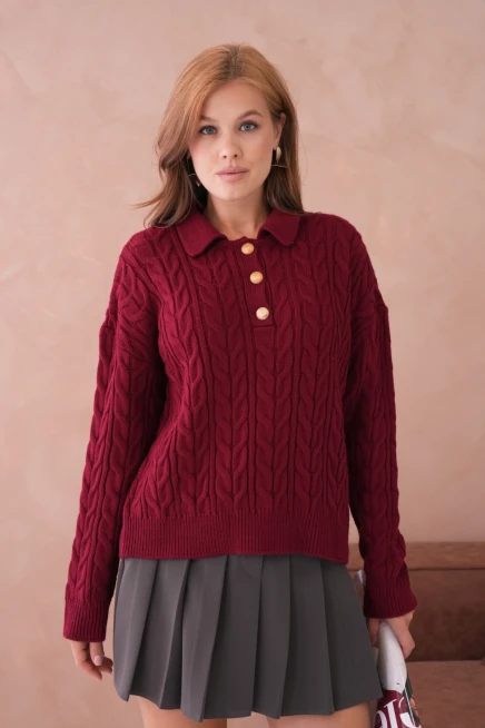 Kadın Polo Düğme Detay Saç Örgü Triko Kazak 8530Sw