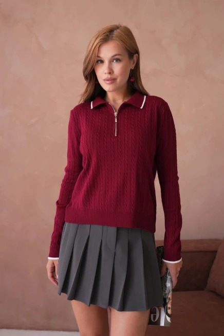 Kadın Polo Yaka Fermuar Detay Triko Kazak