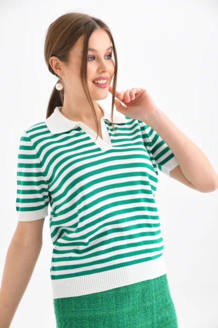 Kadın Polo Yaka Kısa Kol Çizgili Triko Kazak 10021