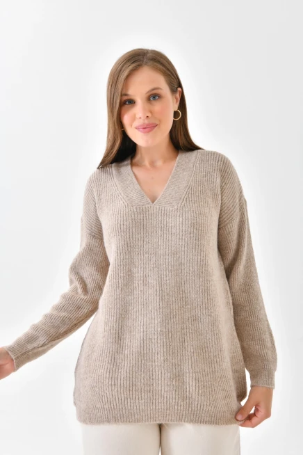 Kadın V Yaka Fitilli Triko Kazak 217074Sw