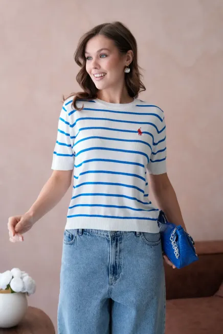 Kadın Bisiklet Yaka Çizgili Triko Kazak 10187.Vsc