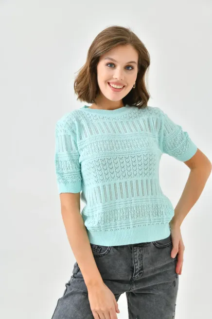 Kadın Bisiklet Yaka Örgü Detay Ajurlu Triko Kazak 10698