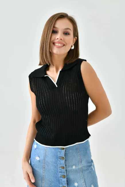 Kadın Polo Yaka Yarım Pat Örgü deta triko Kazak 10704