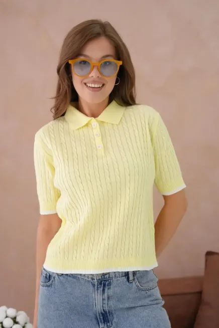 Kadın Polo Yaka Düğme Detay Saç Örgü Triko Kazak 12184