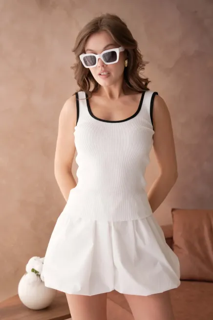 Kadın Asimetrik Yaka Biyeli Selanik Örgü Triko Bluz 12043