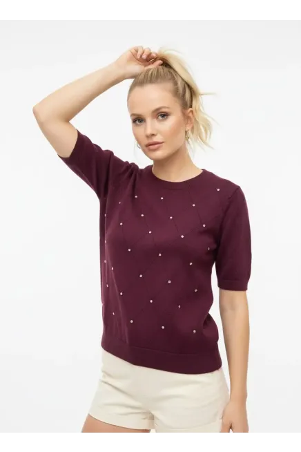 Kadın Bisiklet Yak Aörgü Detay Taş İşlemeli Premium İplik Triko Kazak 12149.Crs