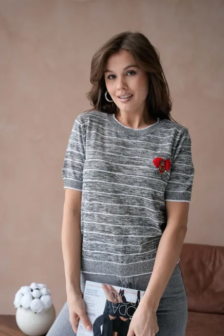 Kadın Bisiklet Yaka Çizgili Melanj Nakışlı Triko Kazak 10227Ctn