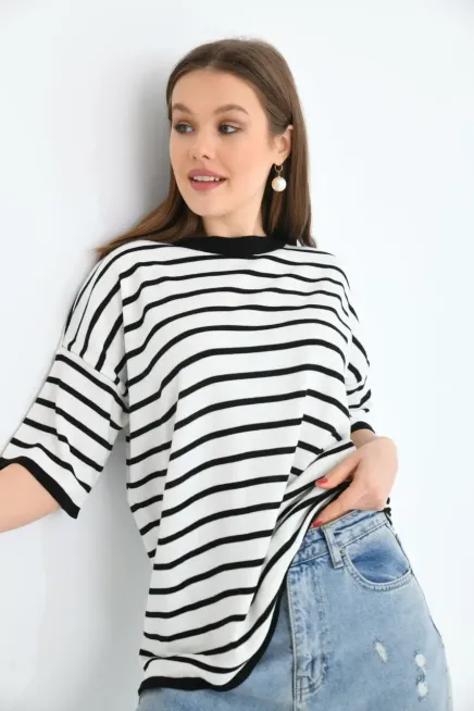 Kadın Bisiklet Yaka Çizgili Oversize Triko Kazak 10002