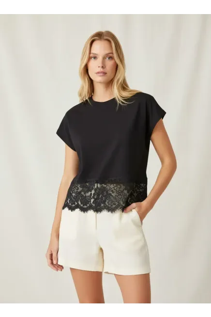 26018 %100 Pamuk Bisiklet Yaka Dantel Detay Penye Bluz 26018