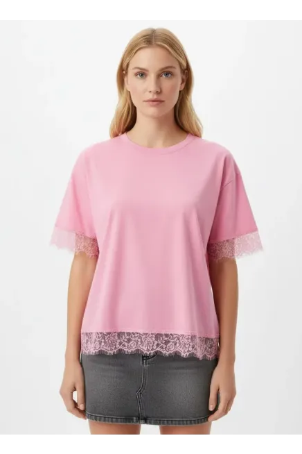 26006 %100 Pamuk Bisiklet Yaka Dantel Detay Salaş Penye Bluz