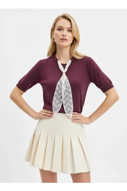 Kadın Bisiklet Yaka Dantel Fular Detay Triko Kazak 12424