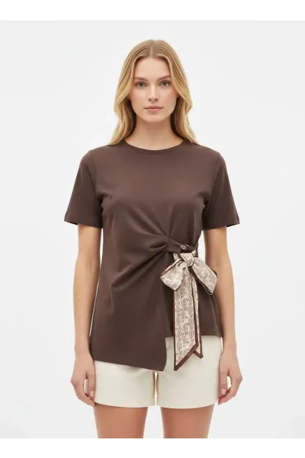 26013 %100 Pamuk Bisiklet Yaka Fular Detay Penye Bluz