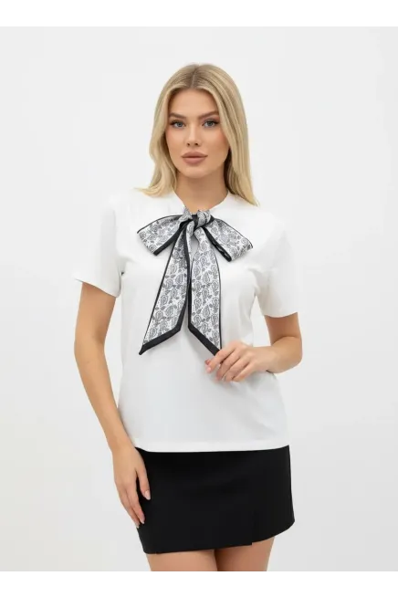 26017 %100 Pamuk Kadın Bisiklet Yaka Fular Detay Penye Bluz