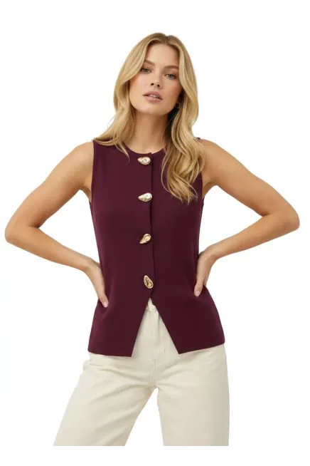 Kadın Bisiklet Yaka Gold Düğme Detay Yeni Sezon Premium İplik Triko Yelek 12422