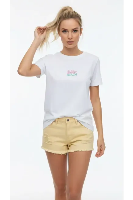 26015 %100 Pamuk Bisiklet Yaka Nakış İşlemeli Penye Bluz