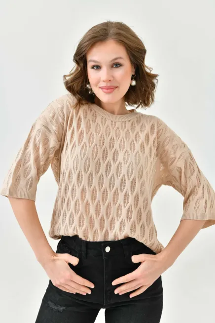 Kadın Bisiklet Yaka Örgü Detay Desenli Oversize Triko Kazak 10755