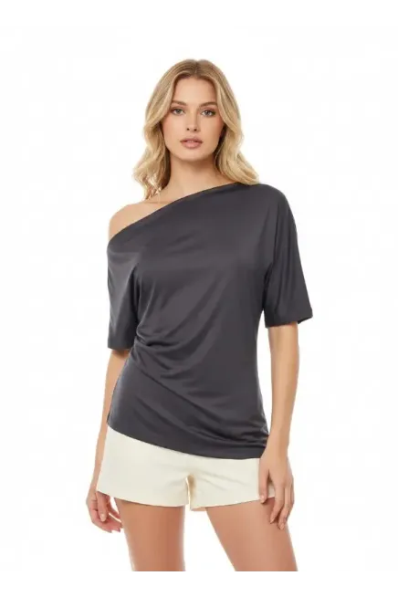 Kadın Kayık Yaka Asimetrik Kesim Büzgülü Penye Bluz 13017