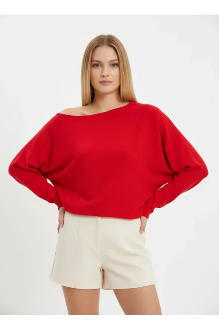 Kadın Kayık Yaka Asimetrik Rib Kesim Premium İplik Triko Kazak 12409