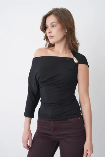 Kadın Kayık Yaka Büzgülü Omuz Detay Aksesuarlı Tasarım Modal Touch Bluz 13012