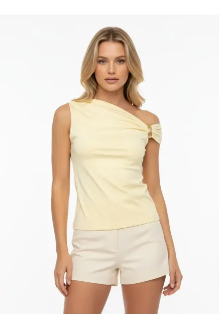 Kadın Kayık Yaka Omuzları Büzgülü Detay Tokalı Slim Fit Modal Bluz 26002