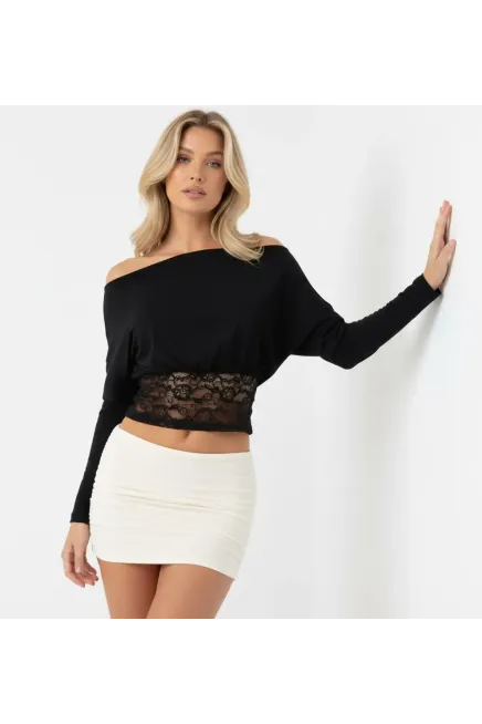 Kadın Kayık Yaka Yarasa Kol Eteği Dantelli Penye Bluz 13011