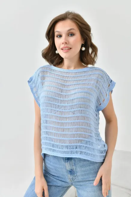 Kadın Mavi Ajurlu Kayık Yaka Salaş Triko Bluz