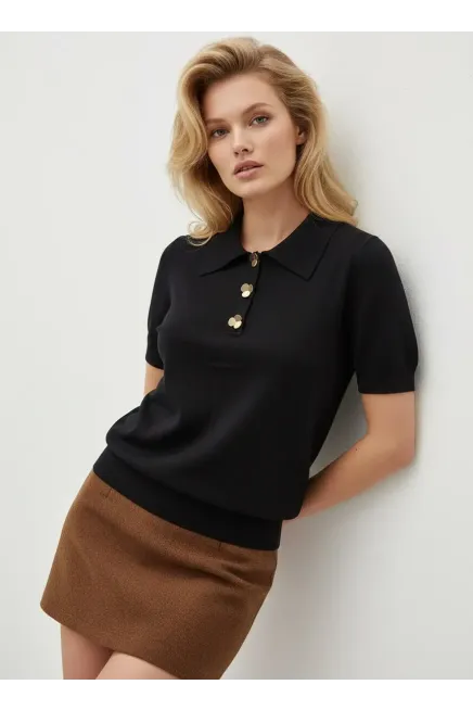 Kadın Polo Yaka Aksesuar Detay Premium İplik Triko Kazak 12421.Crs