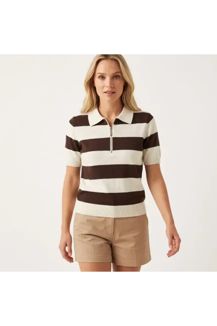 Kadın Polo Yaka Çizgi Desenli Fermuarlı Triko Kazak 12460