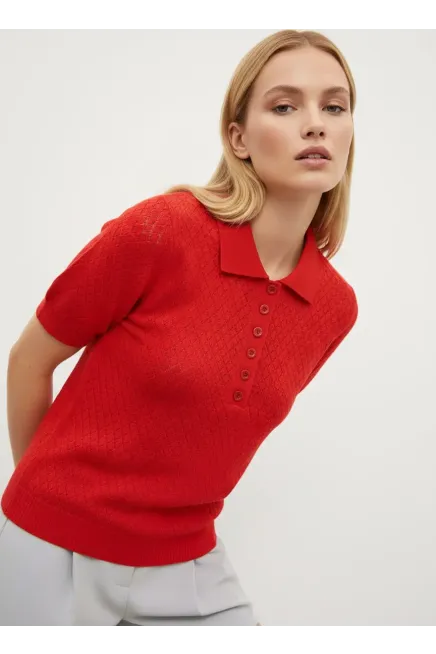 Kadın Polo Yaka Düğme Detay Ajurlu Triko Kazak 12193