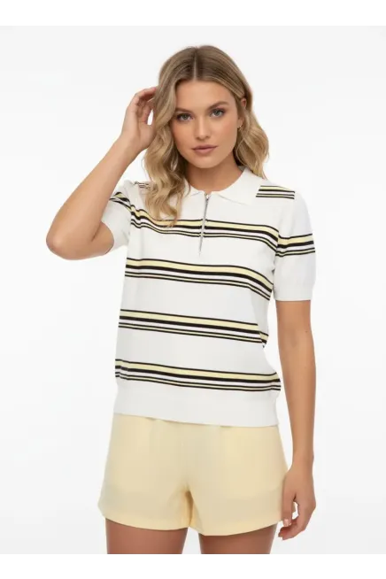 Kadın Polo Yaka Fermuar Detay Çizgili Premium İplik Triko Kazak 12482.Crs