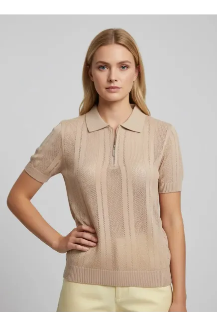 Kadın Polo Yaka Fermuarlı Örgü Detay Triko Kazak 12471
