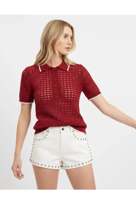 Kadın Polo Yaka Örgü Detay Düğmeli Triko Kazak 8717Sw