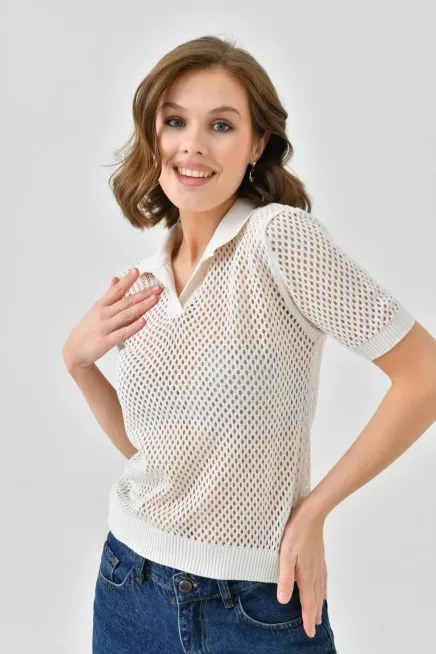 Kadın Polo Yaka Örgü Detay Triko Kazak 10707