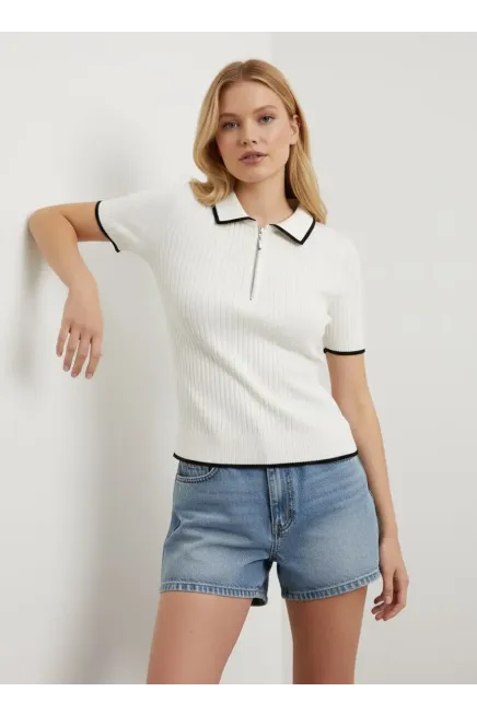 Kadın Polo Yaka Yarım Pat Fermuar Kaşkorse Triko Kazak 12431