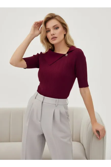 Kadın Şal Yaka Detay Aksesuarlı Selanik Örgü Triko Kazak 12420.Vrt