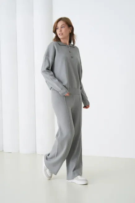 Kadın Siyah Polo Yaka Kazak Pantolon Triko Alt-Üst Takım 12333