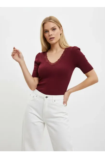 Kadın V Yaka Dantel Detay Kaşkorse Triko Kazak 12427.Vrt