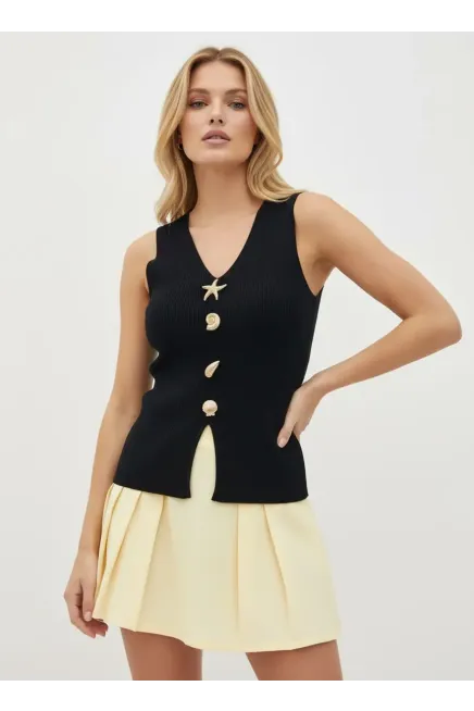 Kadın V yaka Gold Aksesuar Detaylı Premium İplik Triko Kazak 12437