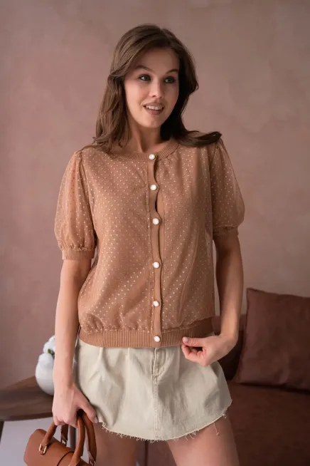 12082 Kadın Bisiklet Yaka Düğmeli Çiçek Tül Detaylı Triko Hırka