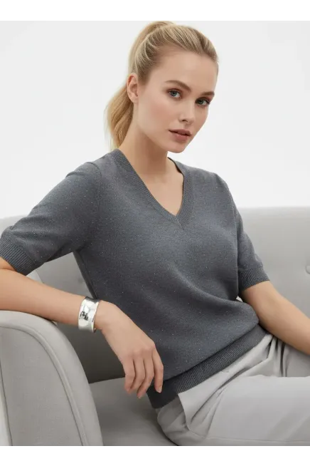 12392.Pr Kadın V Yaka Simli Yumuşak Dokulu Triko Bluz