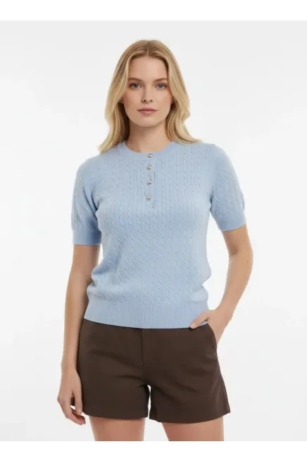 12467 Kadın Bisiklet Yaka Düğme Detay Saç Örgü Triko Bluz 