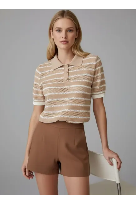 12477 Kadın Polo Yaka Çizgili Ajurlu Triko Bluz