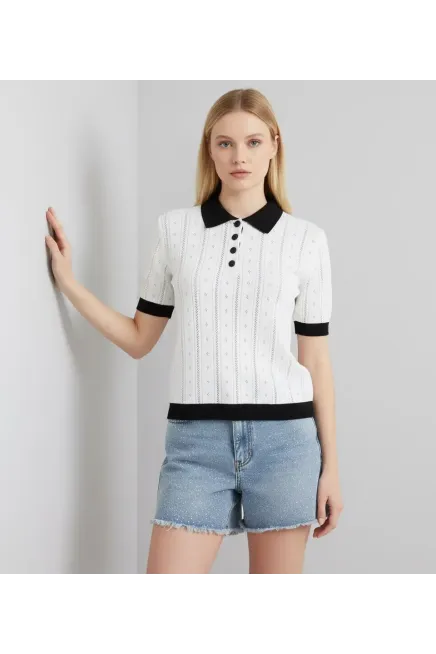 12487 Kadın Polo Yaka Yarım Pat Düğme Ajurlu Triko Bluz 