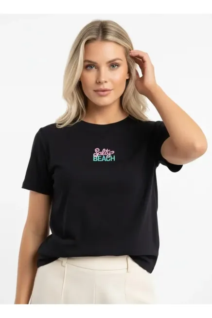 26015 %100 Pamuk Bisiklet Yaka Nakış İşlemeli Penye Bluz