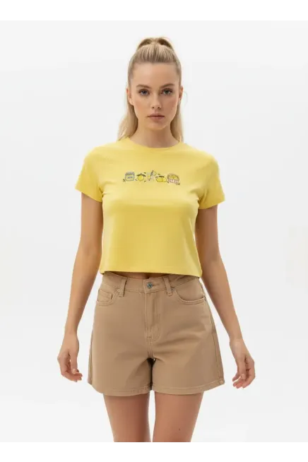 26025 %100 Pamuk Desenli Crop Boy Bisiklet Yaka Örme Bluz