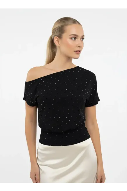 26034 Kadın Kayık Yaka Asimetrik Kol Taş Yapıştırma Modal Penye Bluz