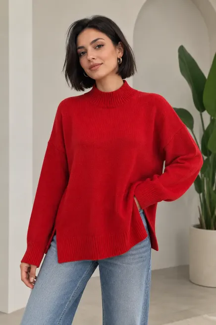 Kadın Yarım Balıkçı Dik Yaka Yanı Yırtmaçlı Oversize Triko Kazak 8771