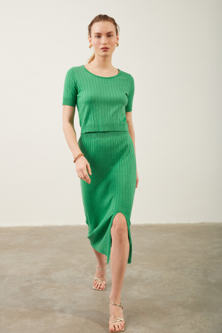 Triko Bluz Etek Yeşil İkili Takım