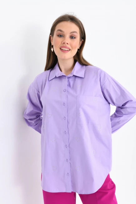 Lila Cep Detaylı Kadın Gömlek