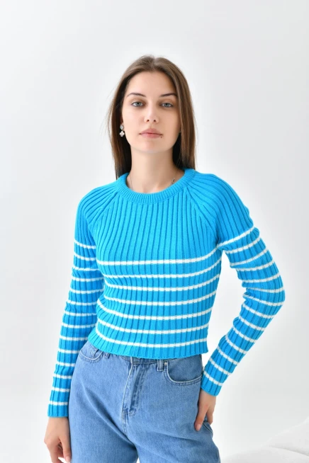 Bisiklet Yaka Çizgili Uzun Kollu Triko Kazak